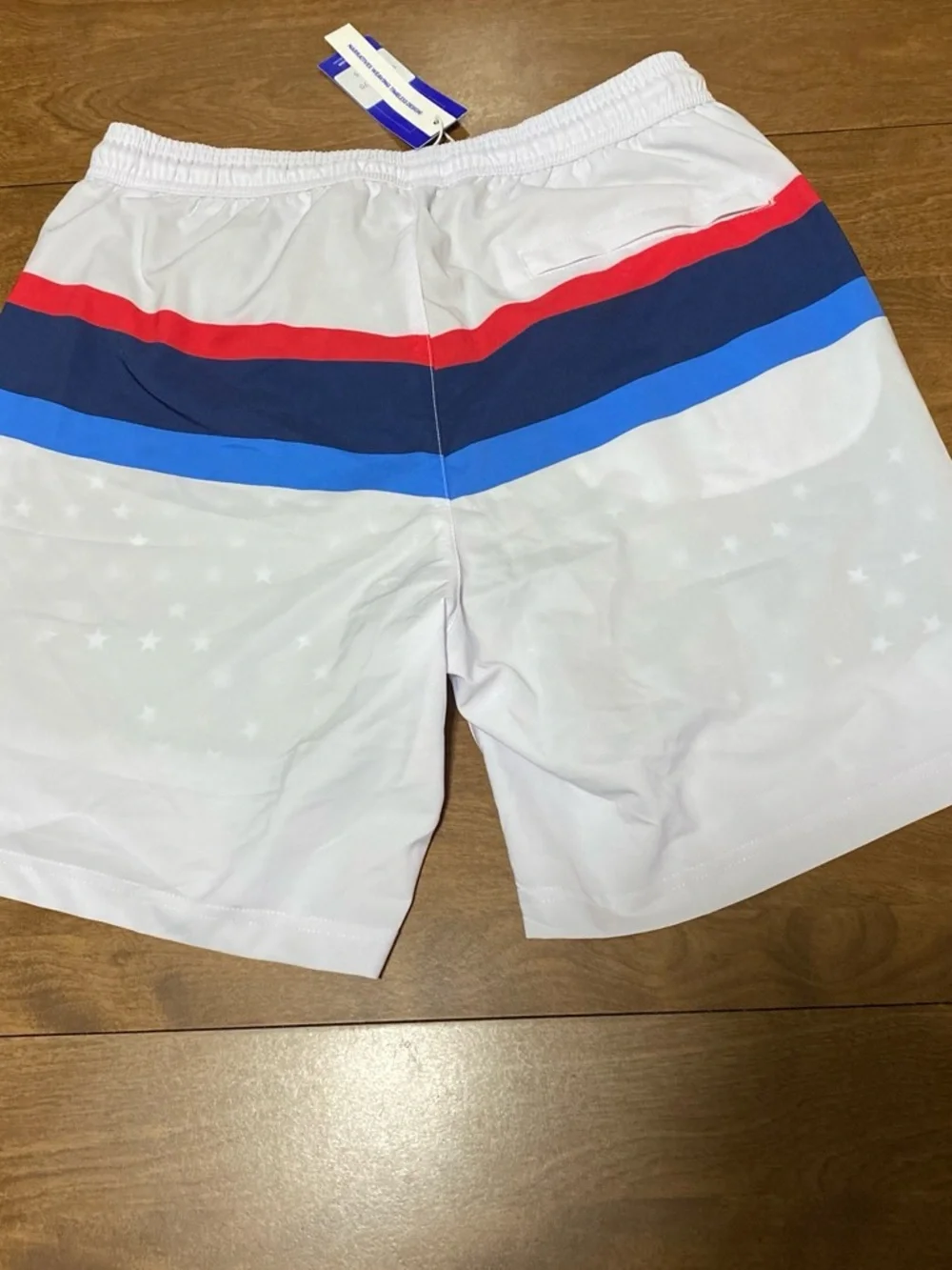 Men's White Swim Trunks with Red, Navy and Royal Blue Stripes
